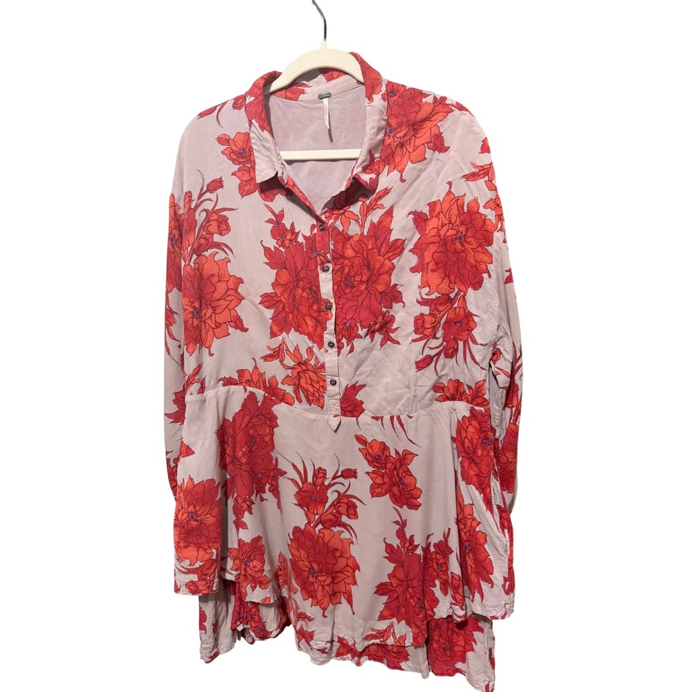 Free People Tunic Dress Floral Boho L Lavender Red Excellent Pockets Hem